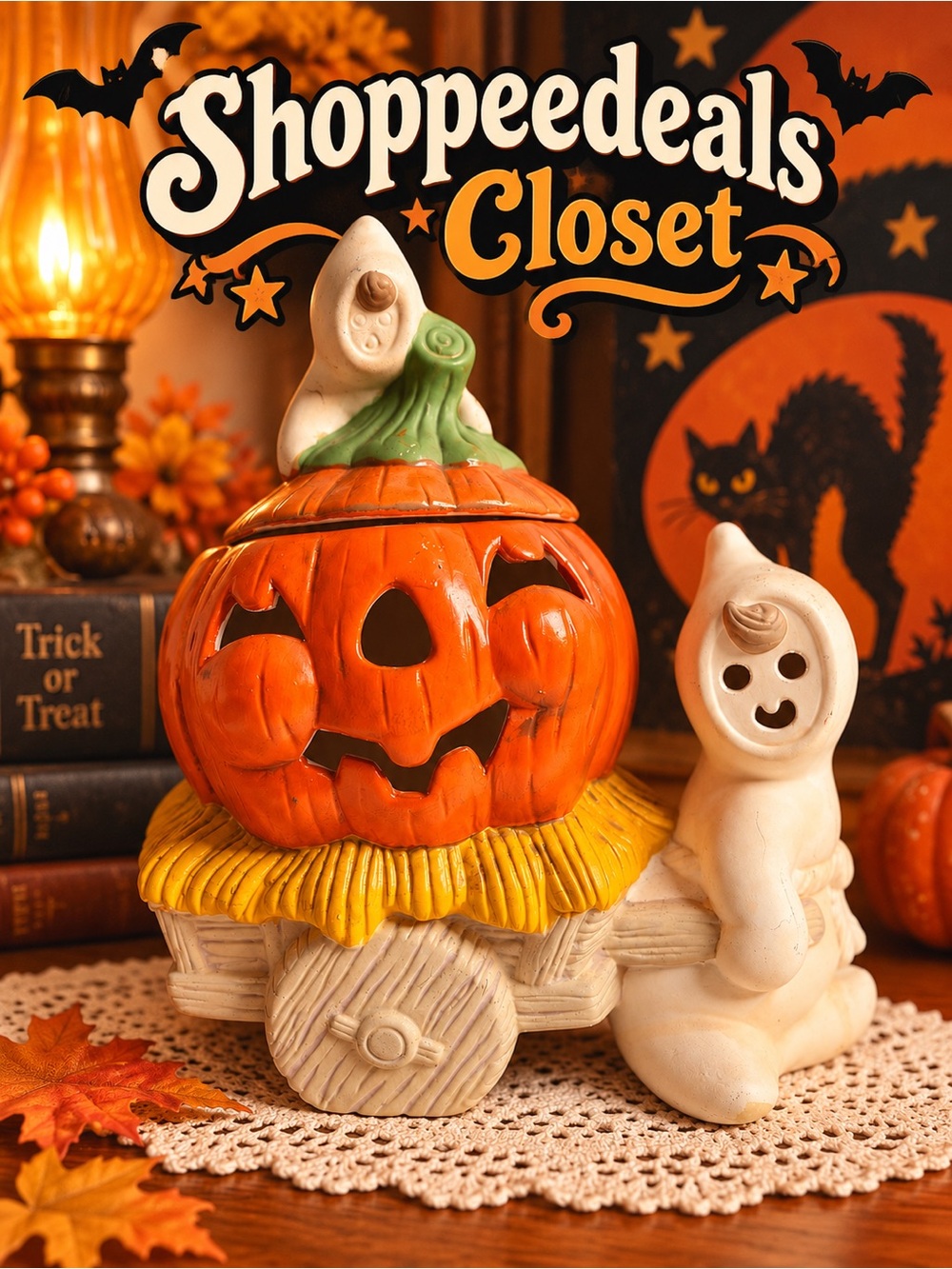 Vintage Halloween Jack-O’-Lantern & Ghost Ceramic Candle Holder / Luminary